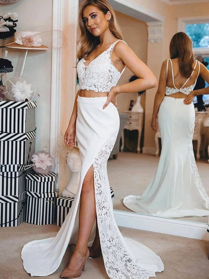 2 Pieces Backless White Blue Lace Prom Dresses, Two Pieces Open Back Blue White Lace Formal Evening Dresses