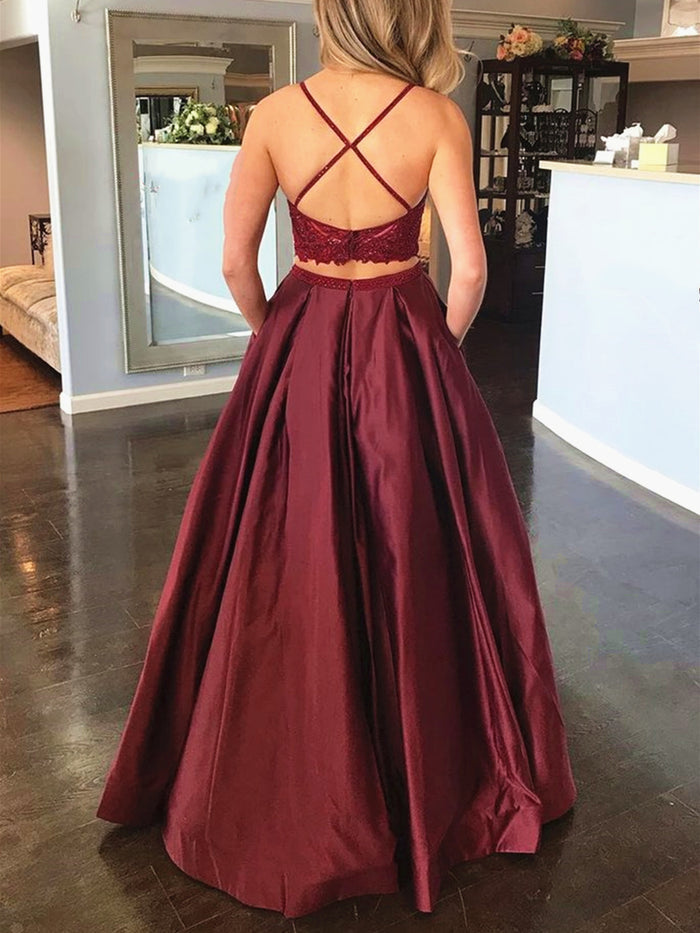 2 Pieces Burgundy Lace Prom Dresses, Two Pieces Burgundy Lace Formal Evening Dresses