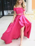 Off the Shoulder Pink High Low Lace Prom Dresses, Off Shoulder Pink High Low Lace Formal Evening Dresses