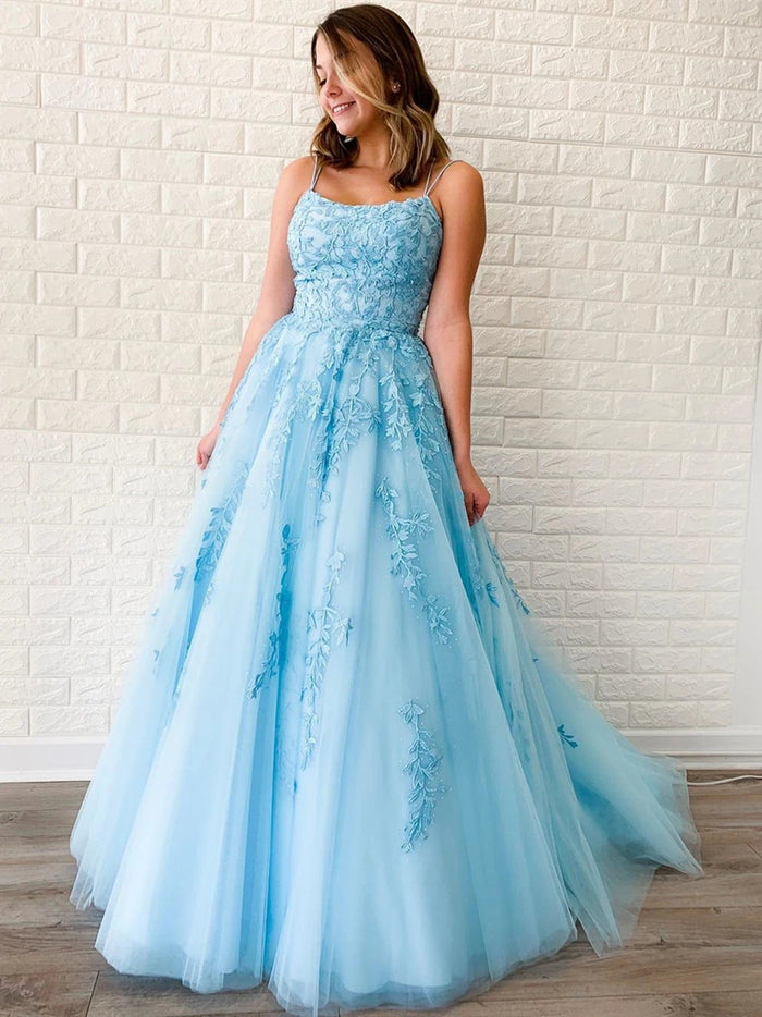 A Line Backless Blue Lace Prom Dresses, Backless Blue Lace Formal Evening Dresses