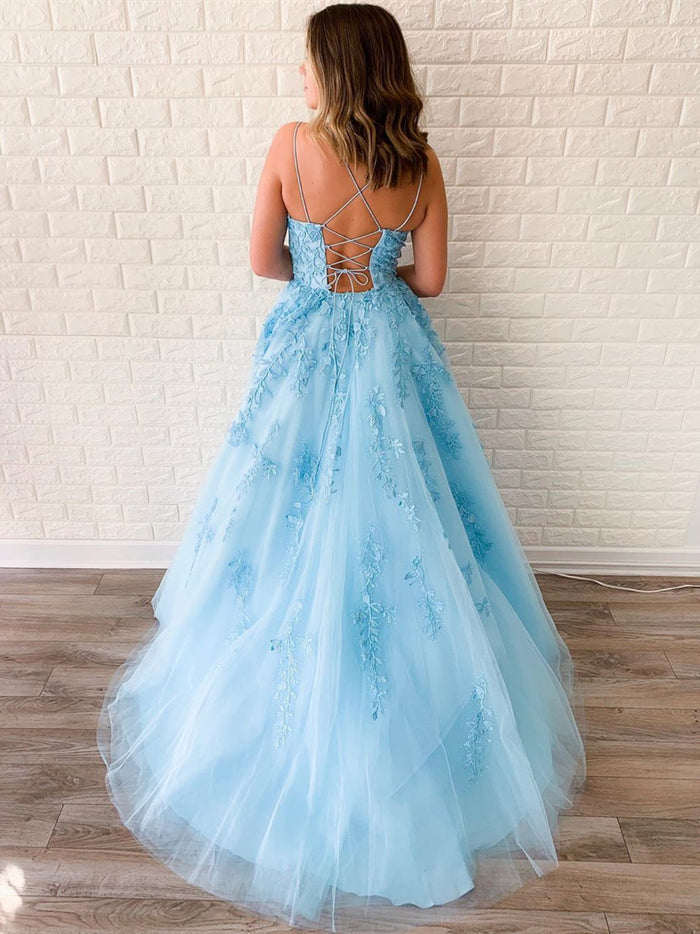 A Line Backless Blue Lace Prom Dresses, Backless Blue Lace Formal Evening Dresses