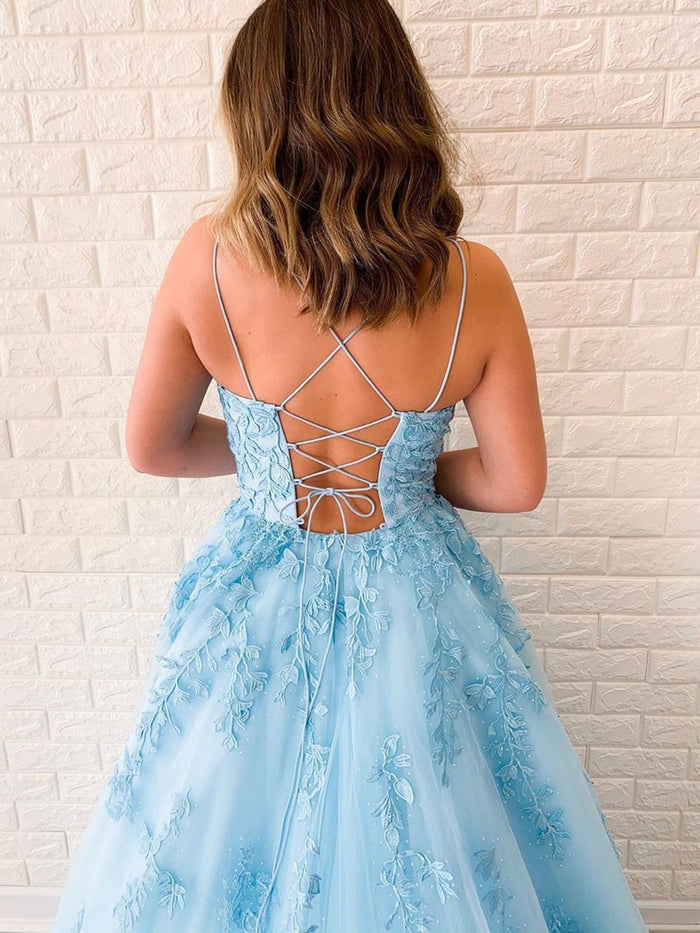 A Line Backless Blue Lace Prom Dresses, Backless Blue Lace Formal Evening Dresses
