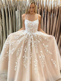 A Line Champagne Long Lace Prom Dresses, Champagne Lace Formal Evening Dresses