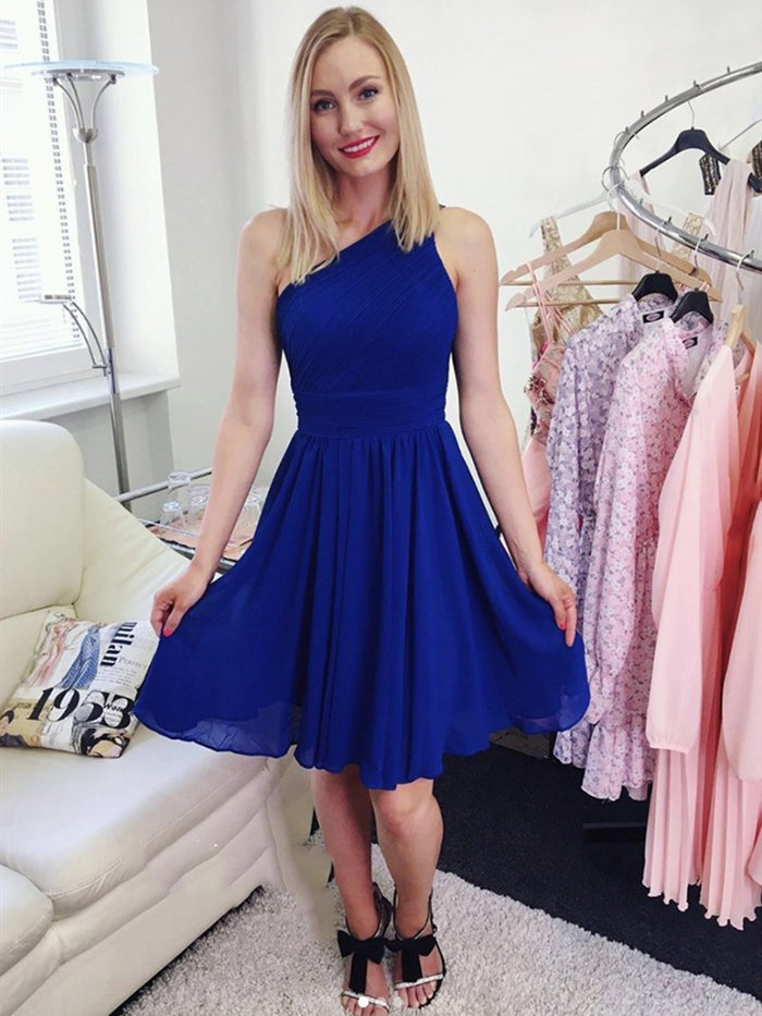 A Line One Shoulder Short Royal Blue Pink Prom Dresses, Royal Blue Pink Short Formal Evening Bridesmaid Dresses