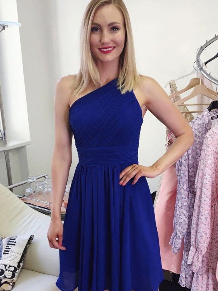 A Line One Shoulder Short Royal Blue Pink Prom Dresses, Royal Blue Pink Short Formal Evening Bridesmaid Dresses