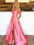A Line Pink Backless Prom Dresses, Pink Backless Formal Evening Dresses