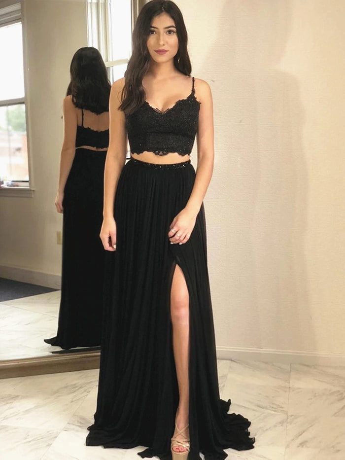 A Line V Neck 2 Pieces Black Lace Prom Dresses, Two Pieces Black Lace Formal Evening Bridesmaid Dresses