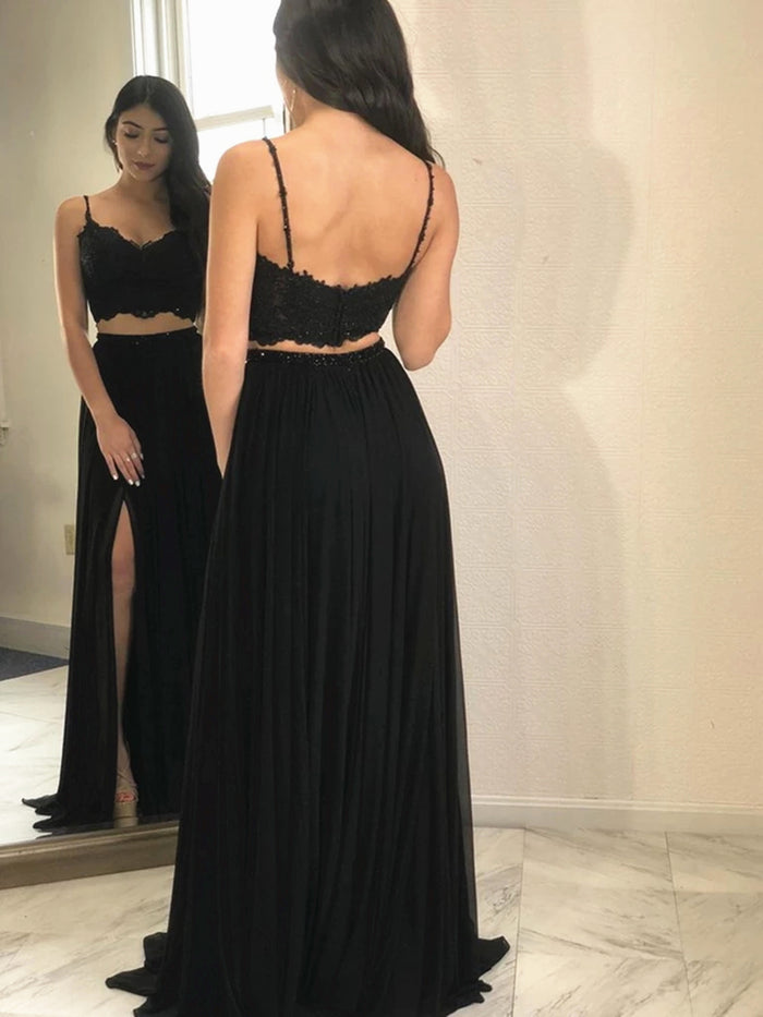 A Line V Neck 2 Pieces Black Lace Prom Dresses, Two Pieces Black Lace Formal Evening Bridesmaid Dresses