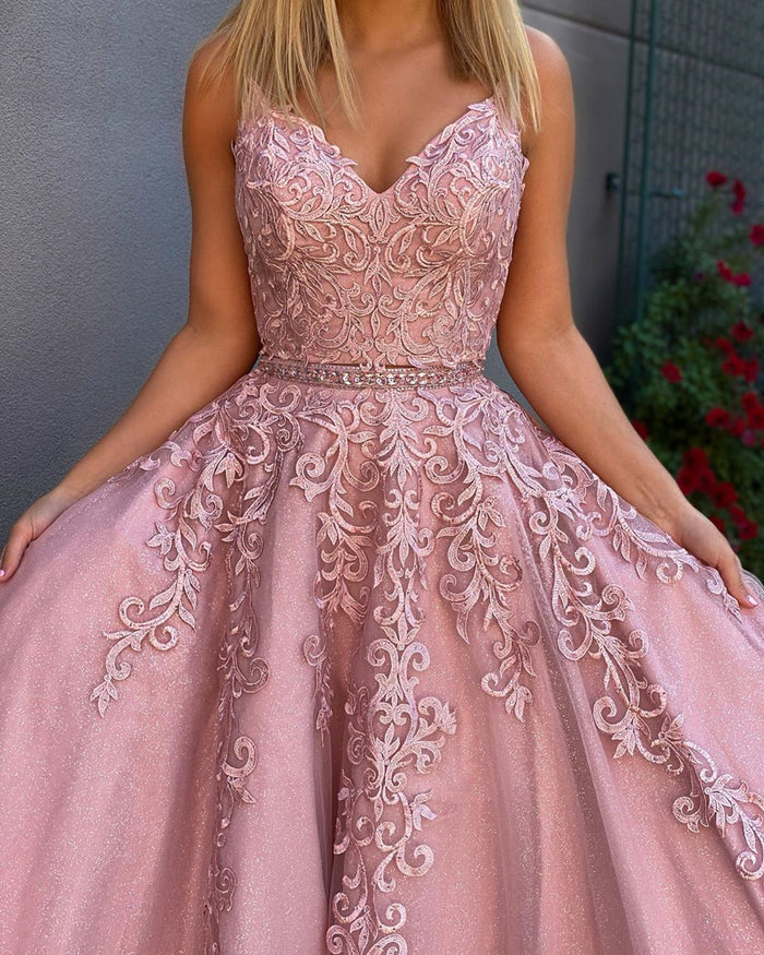 A Line V Neck 2 Pieces Pink Lace Prom Dresses, Two Pieces Pink Lace Formal Evening Dresses