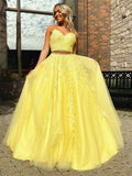 V Neck V Neck 2 Pieces Yellow Lace Prom Dresses, Two Pieces Yellow Lace Formal Evening Dresses