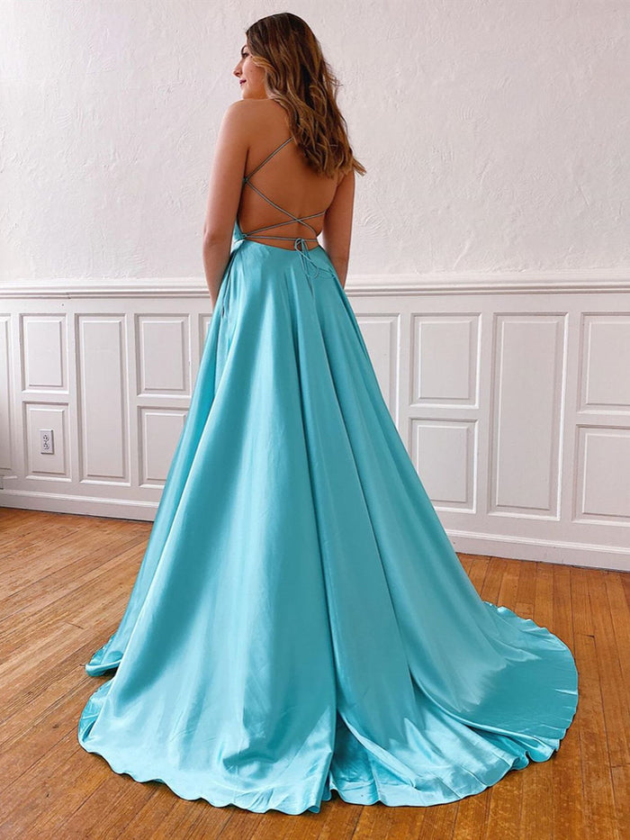 A Line V Neck Aqua Backless Long Prom Dresses, Aqua Open Back Long Formal Evening Dresses