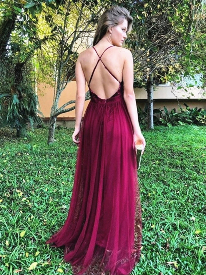A Line V Neck Backless Burgundy Prom Dresses, Backless Burgundy Formal Evening Dresses
