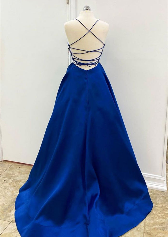 A Line V Neck Backless Royal Blue Satin Prom Dresses, Open Back Royal Blue Formal Evening Dresses