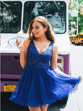 A Line V Neck Backless Royal Blue Lace Prom Dresses, Royal Blue Lace Formal Homecoming Dresses