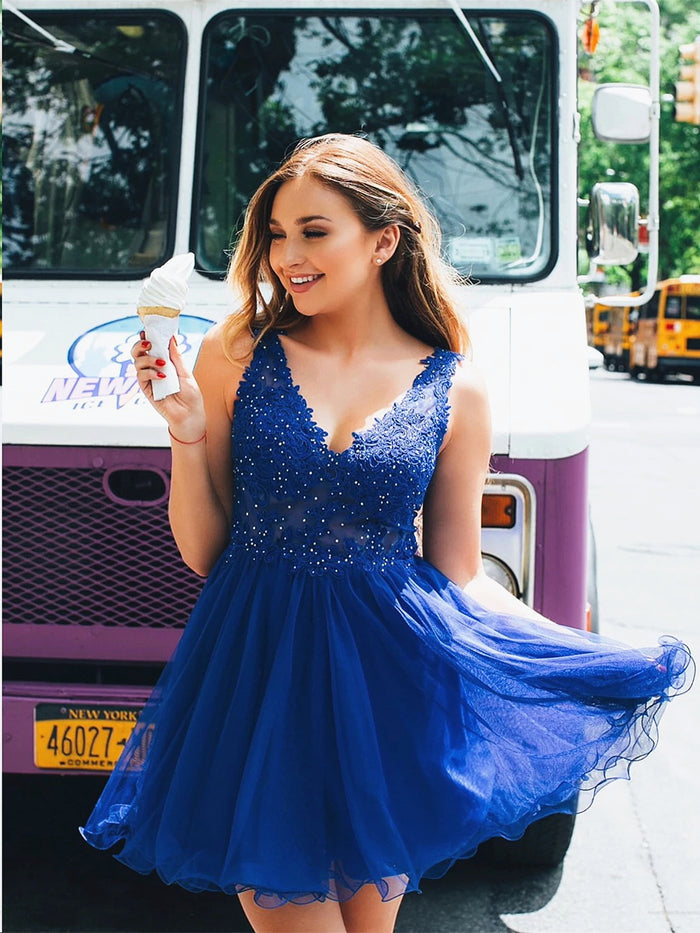 A Line V Neck Backless Royal Blue Lace Prom Dresses, Royal Blue Lace Formal Homecoming Dresses