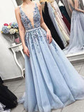A Line V Neck Beaded Long Blue Prom Dresses, Blue V Neck Long Formal Graduation Dresses