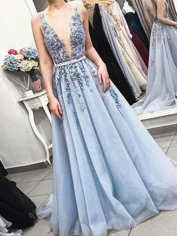 A Line V Neck Beaded Long Blue Prom Dresses, Blue V Neck Long Formal Graduation Dresses