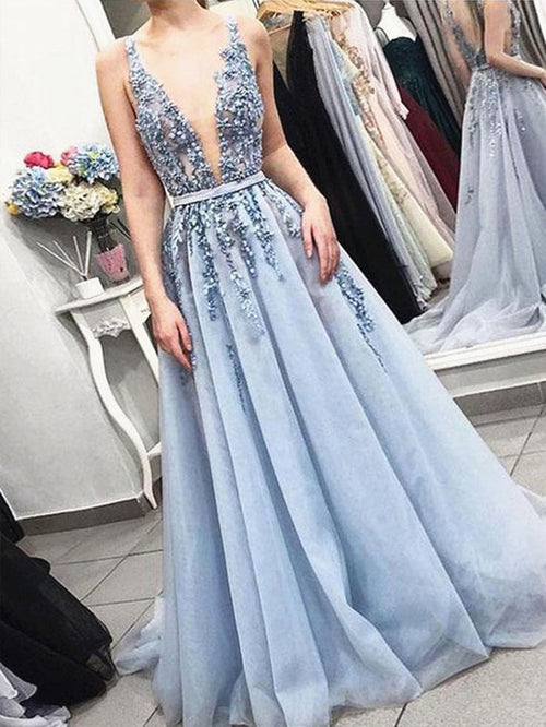 A Line V Neck Beaded Long Blue Prom Dresses, Blue V Neck Long Formal Graduation Dresses