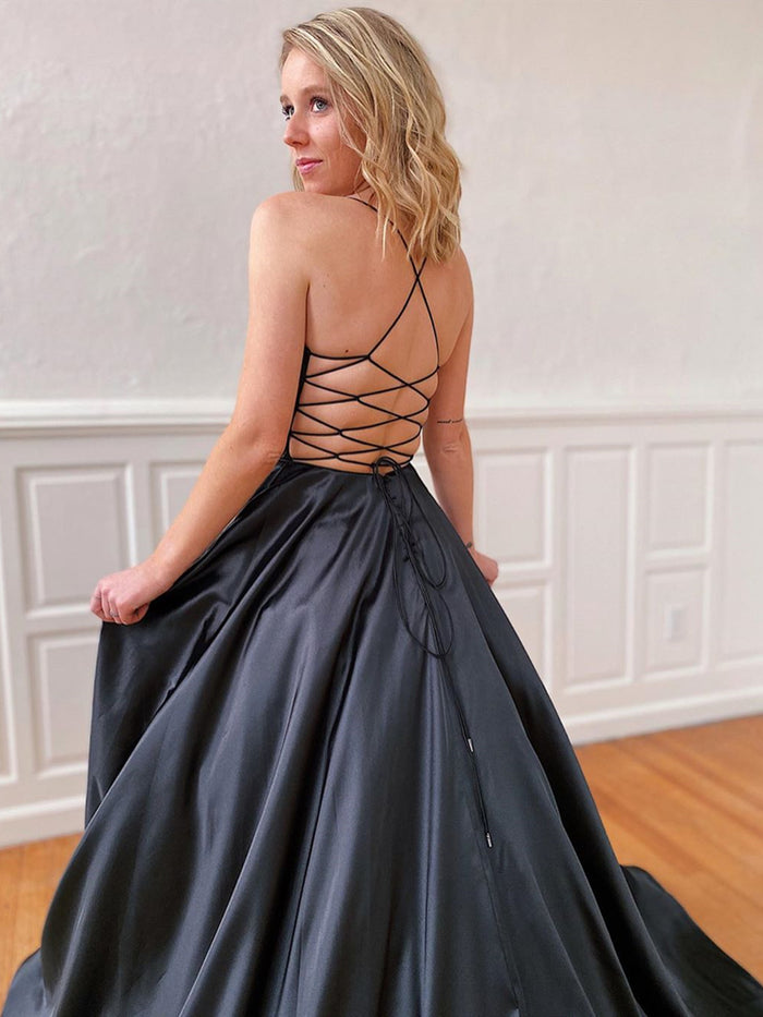 A Line V Neck Black Backless Satin Prom Dresses, Black Open Back Long Formal Evening Dresses