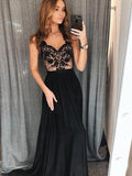 A Line V Neck Black Lace Prom Dress, Black Lace Formal Evening Dresses