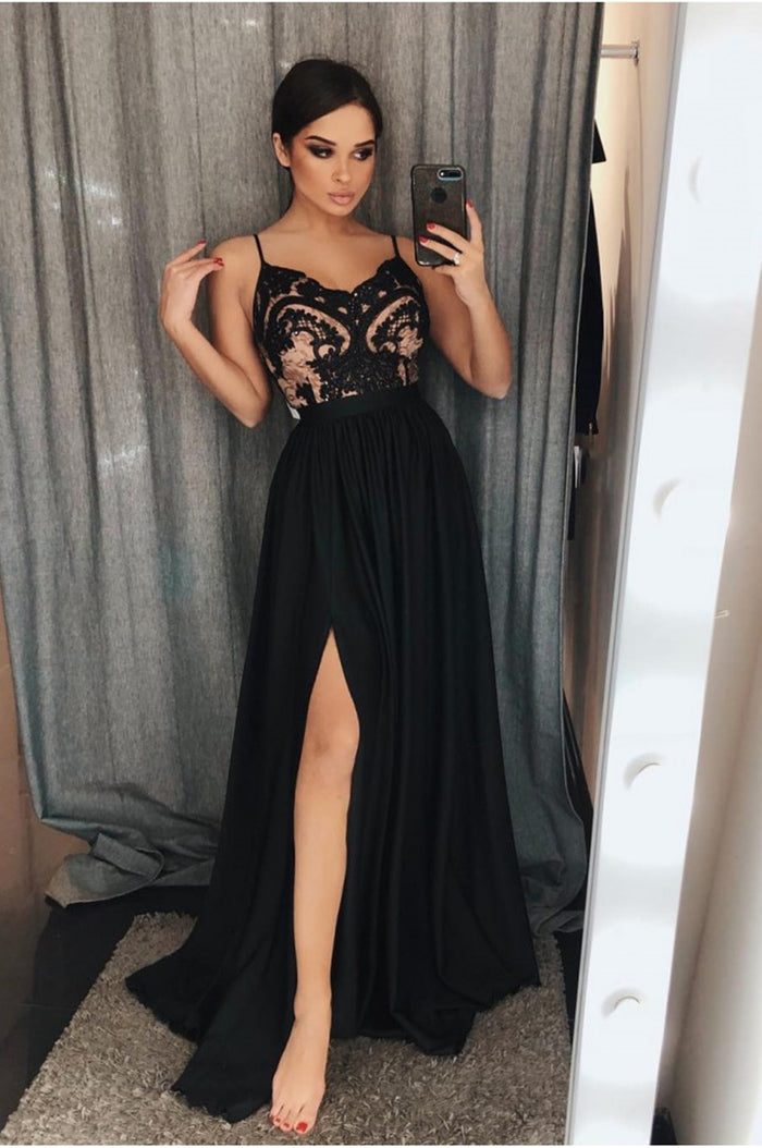 A Line V Neck Black Lace Prom Dress, Black Lace Formal Evening Dresses