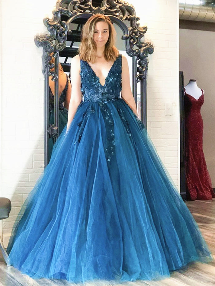 A Line V Neck Blue Floral Prom Dresses, Blue Floral Formal Evening Graduation Dresses