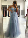 A Line V Neck Blue-Gray Long Prom Dresses, Blue-Gray Beaded Long Formal Evening Dresses
