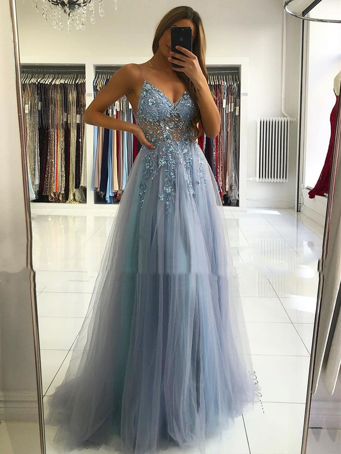 A Line V Neck Blue-Gray Long Prom Dresses, Blue-Gray Beaded Long Formal Evening Dresses