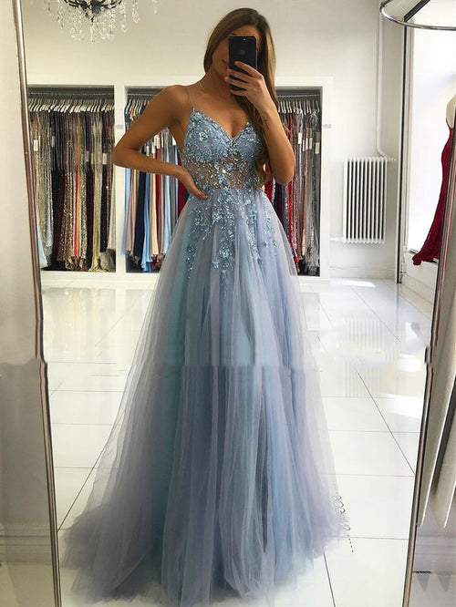 A Line V Neck Blue-Gray Long Prom Dresses, Blue-Gray Beaded Long Formal Evening Dresses