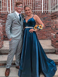 A Line V Neck Blue Satin Long Prom Dresses, Blue Satin Long Formal Evening Dresses