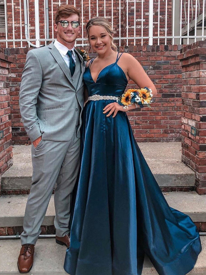 A Line V Neck Blue Satin Long Prom Dresses, Blue Satin Long Formal Evening Dresses