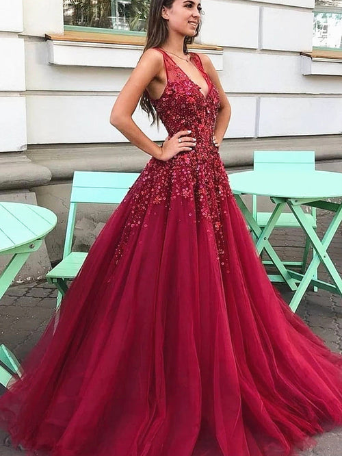 A Line V Neck Burgundy Beaded Prom Dresses, Wine Red V Neck Tulle Formal Evening Dresses