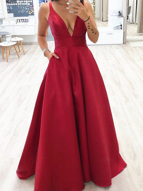 A Line V Neck Burgundy Long Prom Dresses, Burgundy V Neck Formal Evening Graduation Dresses