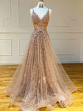 A Line V Neck Champagne Lace Prom Dresses, Champagne Lace Formal Evening Dresses