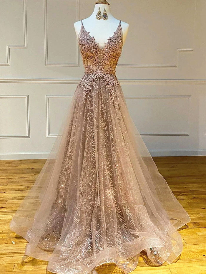 A Line V Neck Champagne Lace Prom Dresses, Champagne Lace Formal Evening Dresses