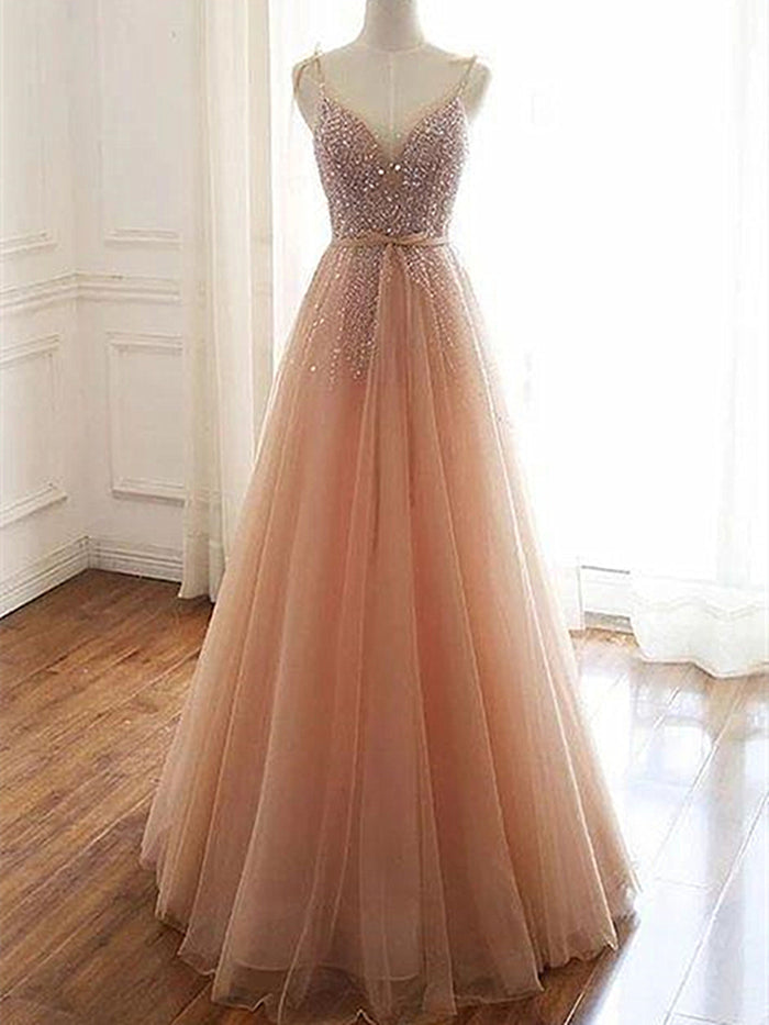 A Line V Neck Champagne Tulle Long Prom Dresses, Champagne Tulle Long Formal Evening Dresses