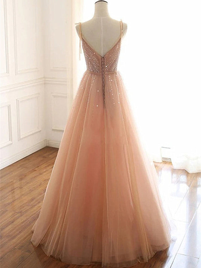 A Line V Neck Champagne Tulle Long Prom Dresses, Champagne Tulle Long Formal Evening Dresses