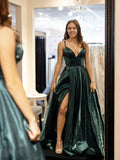 A Line V Neck Dark Green Satin Prom Dresses, V Neck Green Formal Evening Dresses with Leg Slit