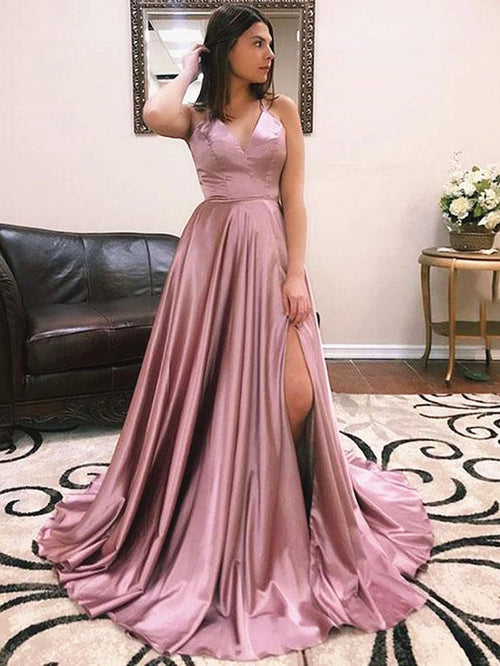 A Line V Neck Dusty Pink Prom Dresses with Corset Back, Dusty Pink Formal Evening Dress with Train