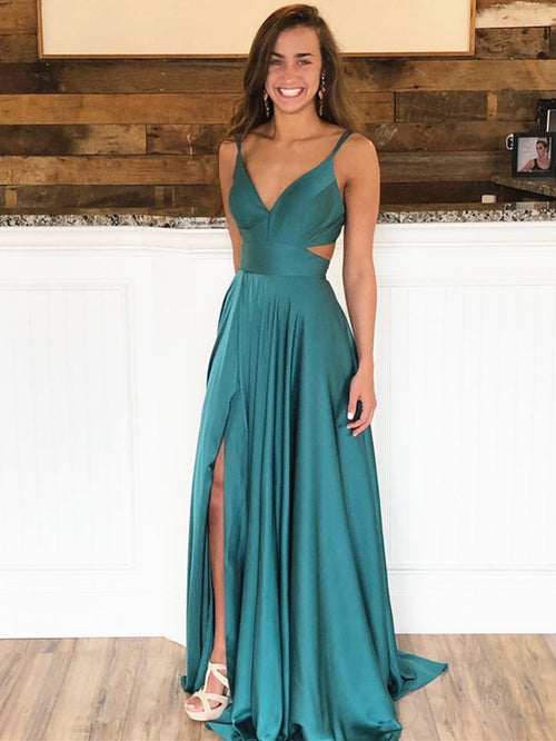 A Line V Neck Green Prom Dresses, V Neck Green Formal Evening Bridesmaid Dresses