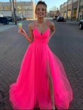 A Line V Neck Hot Pink Tulle Prom Dresses, Hot Pink Tulle Formal Evening Graduation Dresses