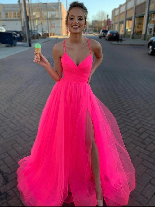 A Line V Neck Hot Pink Tulle Prom Dresses, Hot Pink Tulle Formal Evening Graduation Dresses