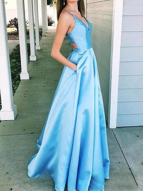 A Line V Neck Light Blue Cut Out Prom Dresses with Pockets, Light Blue Cut Out Long Formal Evening Dresses