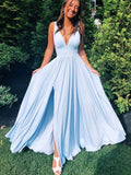 A Line V Neck Light Blue Long Prom Dresses, Light Blue Long Formal Bridesmaid Dresses