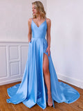 A Line V Neck Long Blue Satin Prom Dresses with Leg Slit, Long Blue Satin Formal Evening Dresses