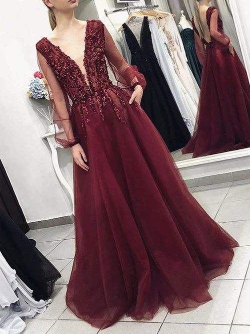 A Line V Neck Long Sleeves Burgundy Lace Prom Dresses, Long Sleeves Burgundy Lace Formal Evening Dresses