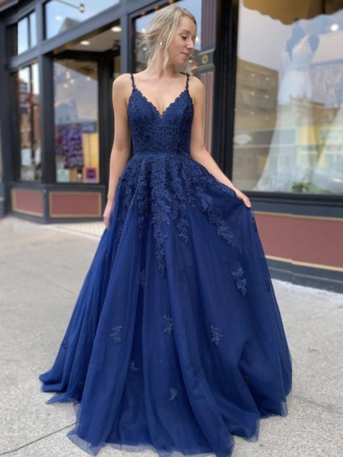 A Line V Neck Navy Blue Lace Prom Dresses, Backless Navy Blue Lace Formal Evening Dresses