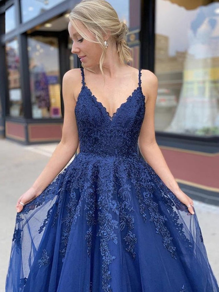 A Line V Neck Navy Blue Lace Prom Dresses, Backless Navy Blue Lace Formal Evening Dresses