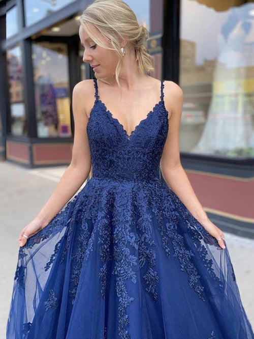A Line V Neck Navy Blue Lace Prom Dresses, Backless Navy Blue Lace Formal Evening Dresses