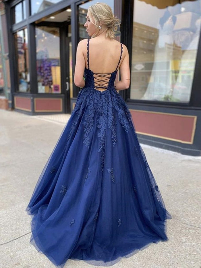 A Line V Neck Navy Blue Lace Prom Dresses, Backless Navy Blue Lace Formal Evening Dresses